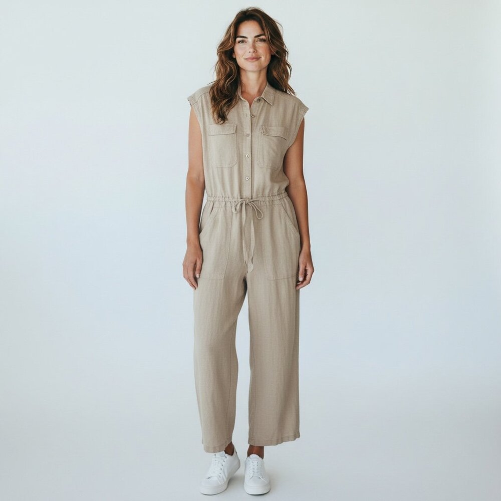 Universal Thread Jumpsuit Size 8 Beige Linen Blend Tie Waist Wide Leg